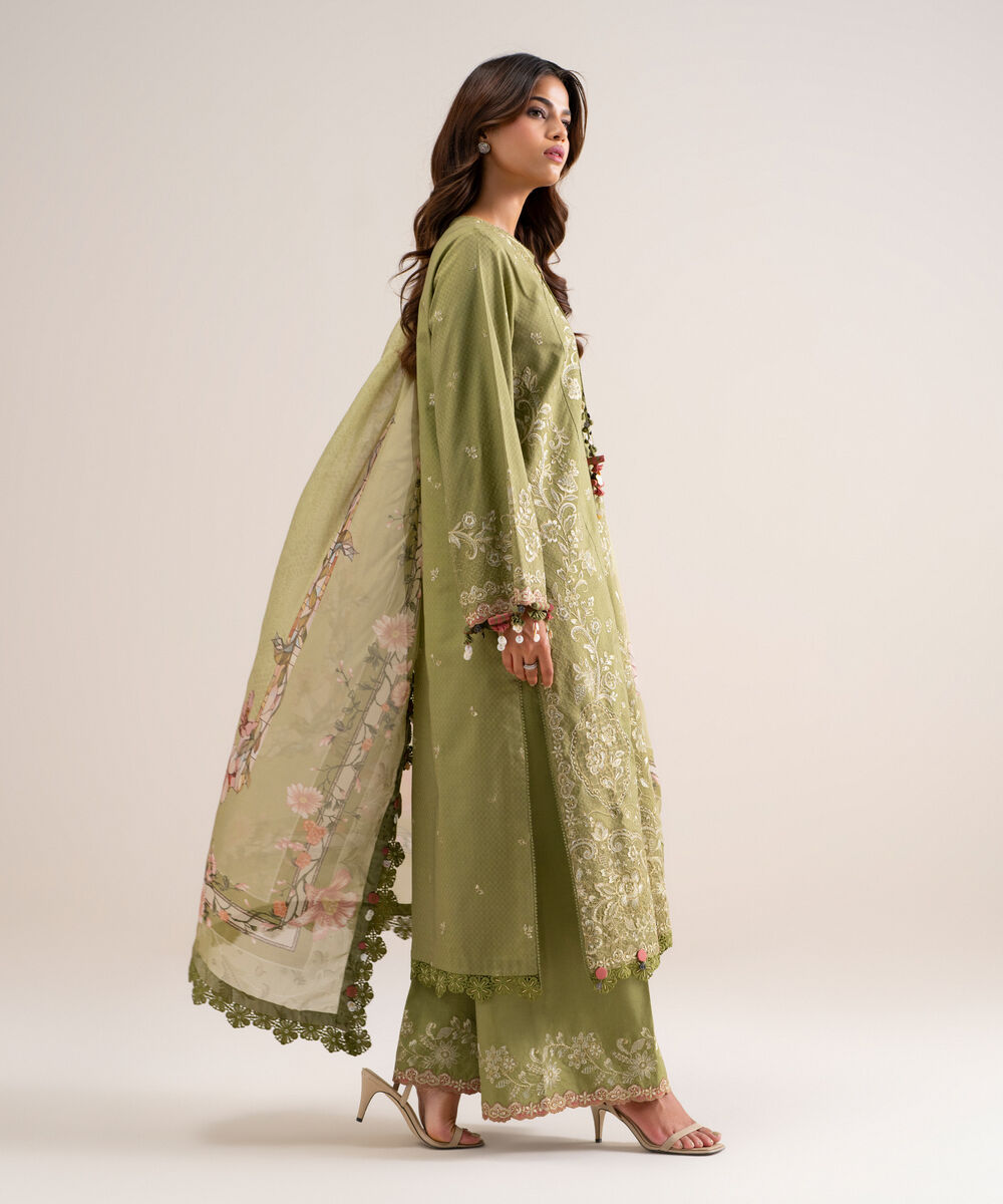 Women's Unstitched Embroidered Dobby Green 3 Piece Suit