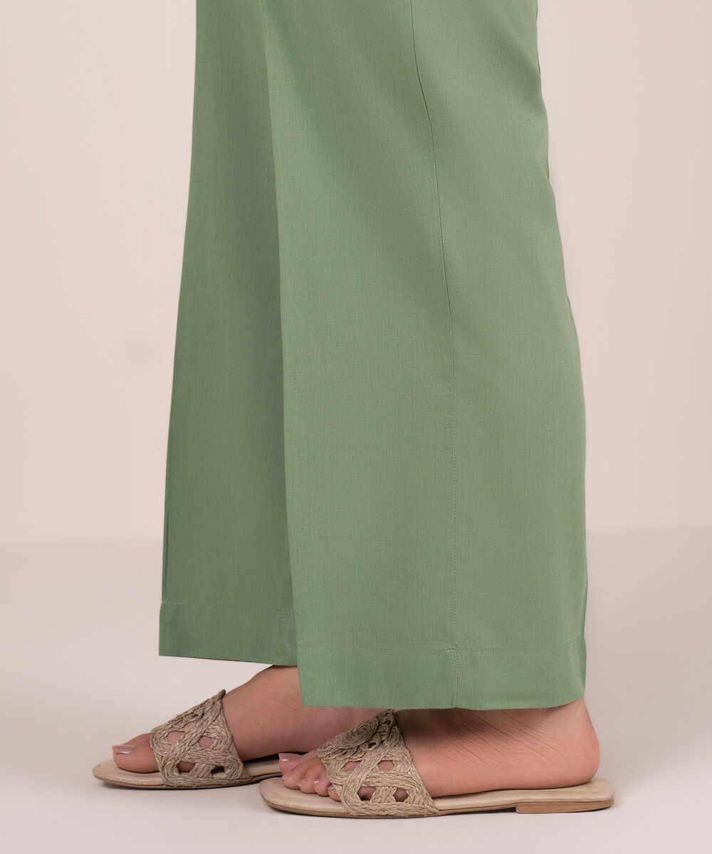Women's RTW Cotton Viscose Solid Green Straight Pants