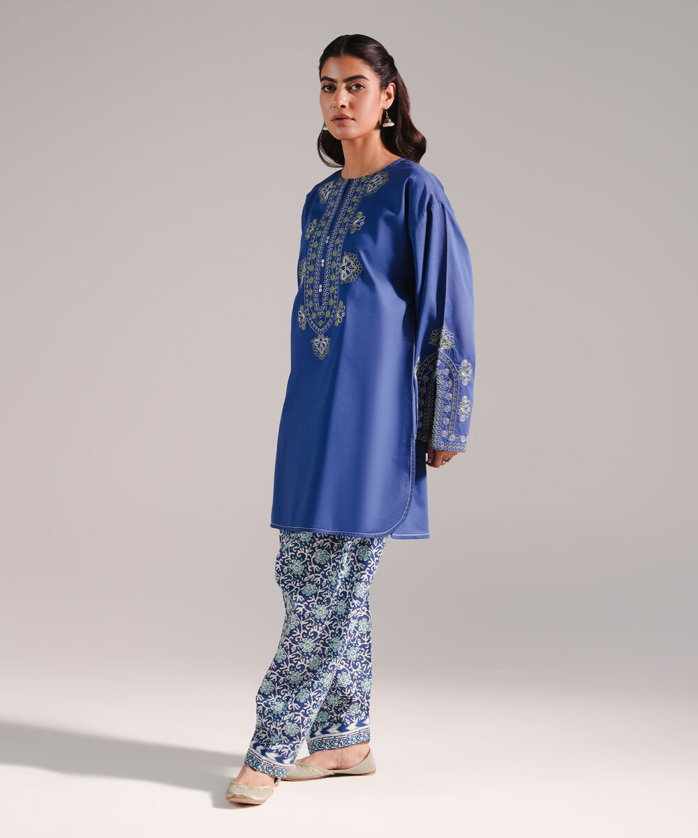 Women's RTW Crosshatch Embroidered Dark Blue Straight Shirt