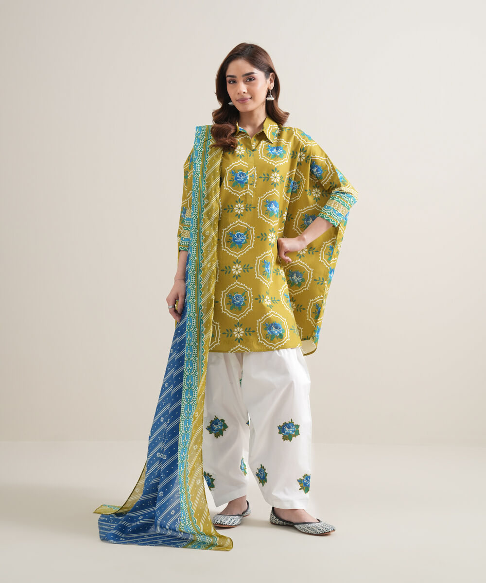 Women's Unstitched Lawn Printed Mustard and Blue 2 Piece Suit