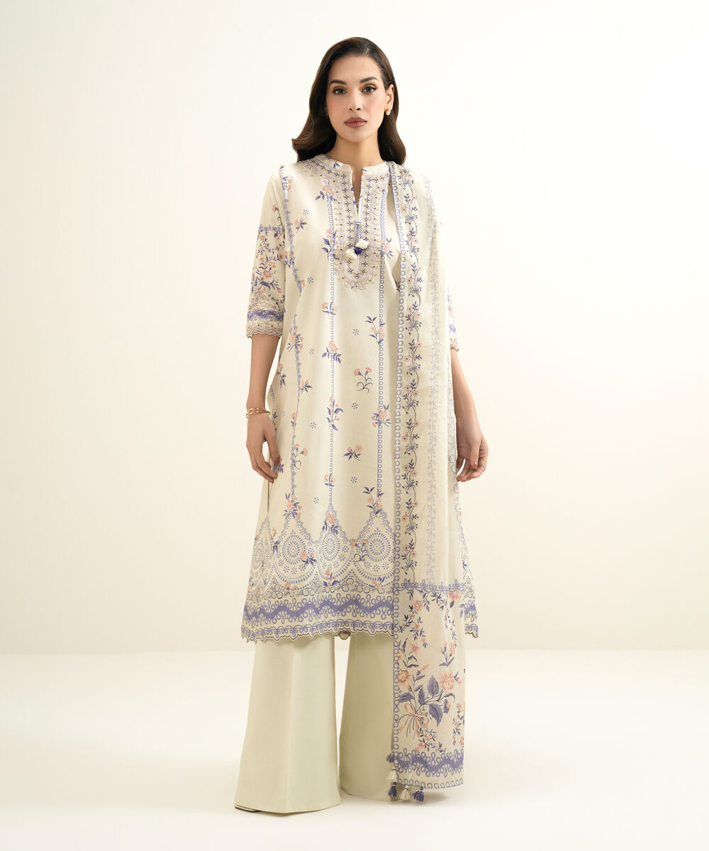 Women's Unstitched Lawn Embroidered Off White 3 Piece Suit