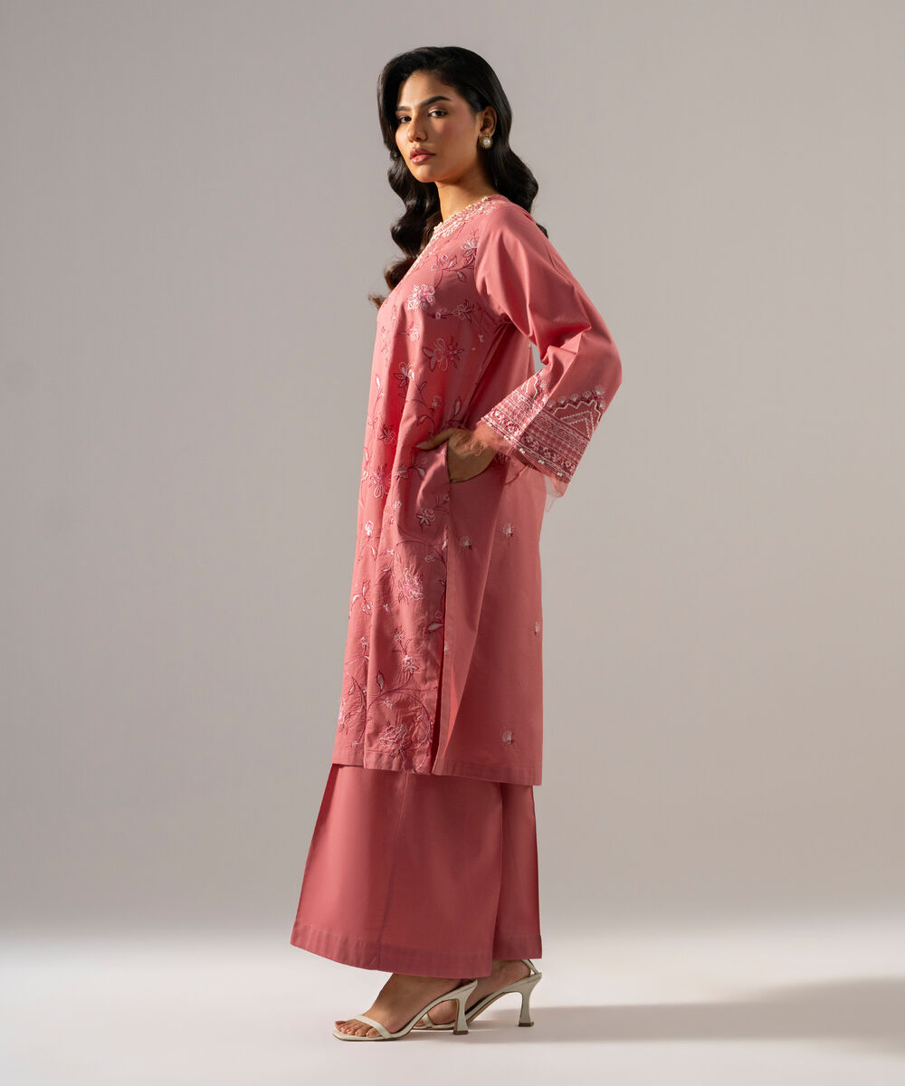 Women's RTW Solid Embroidered Cambric Muted Pink A-Line Shirt