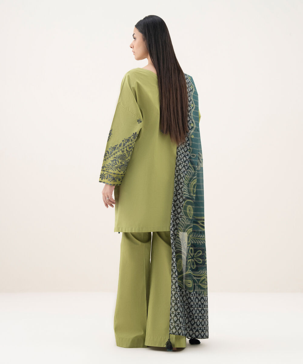 Women's Unstitched Cotton Embroidered Green 3 Piece Suit