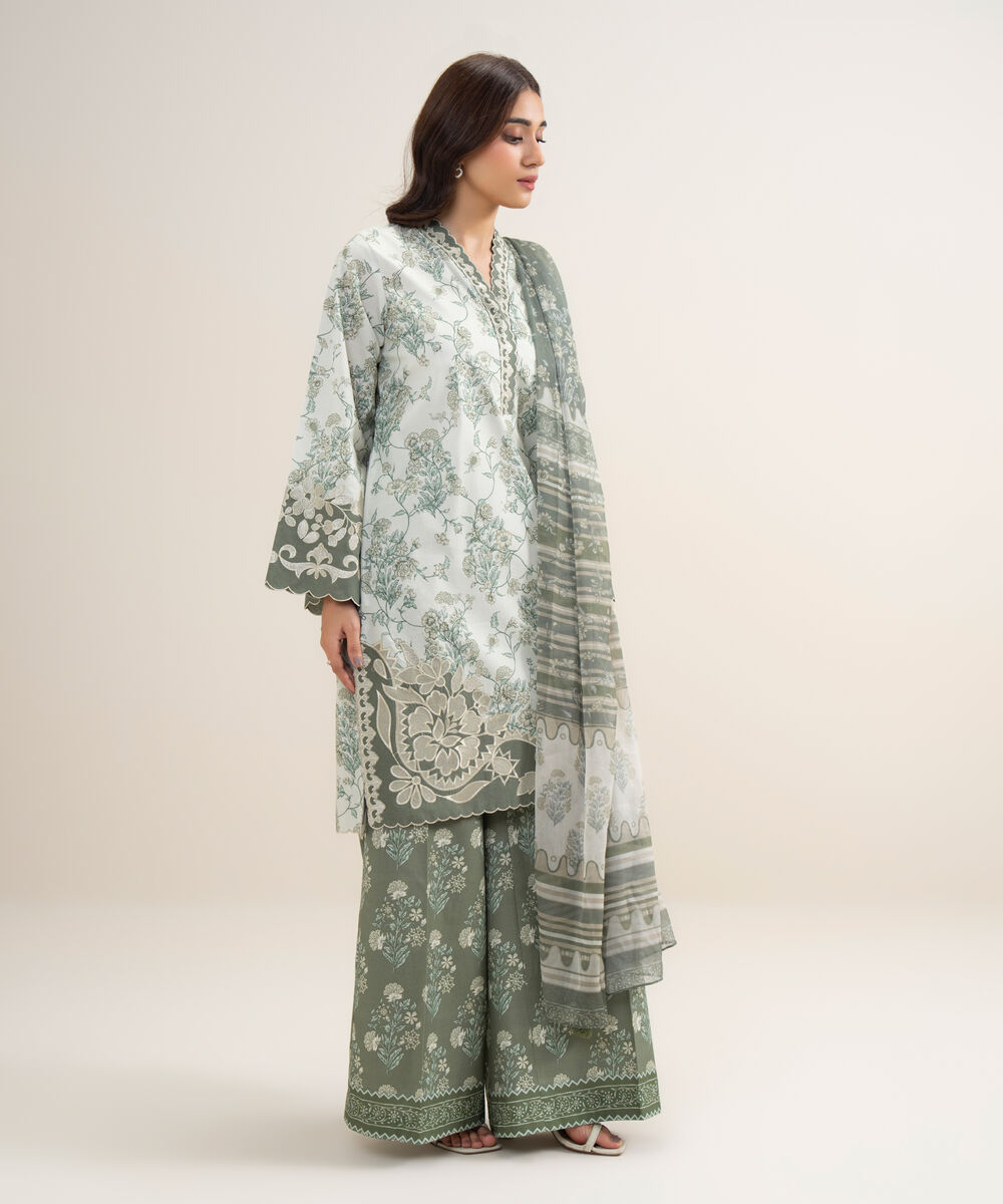 Women's Unstitched Lawn Embroidered Light Sage Green 3 Piece Suit