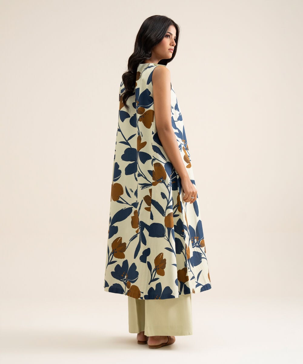 Women's Unstitched Cotton Printed Off White 2 Piece Suit