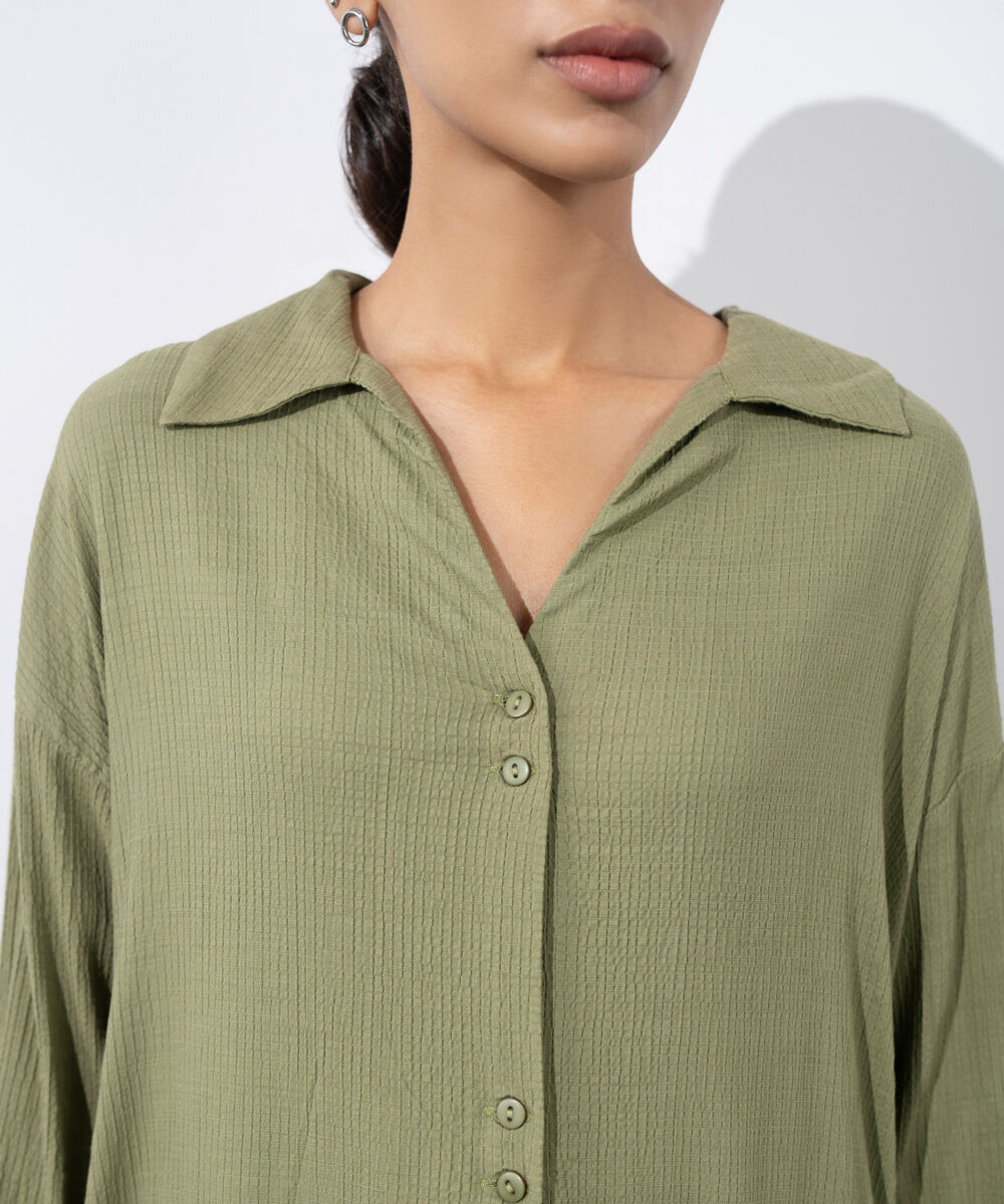 Women's Western Wear Green Seersucker Shirt Dress