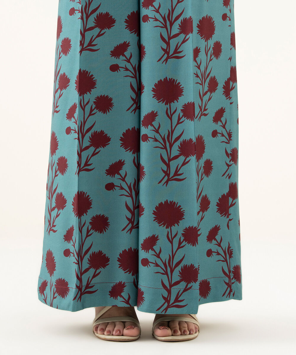 Women's RTW Linen Blue Printed Flared Pants