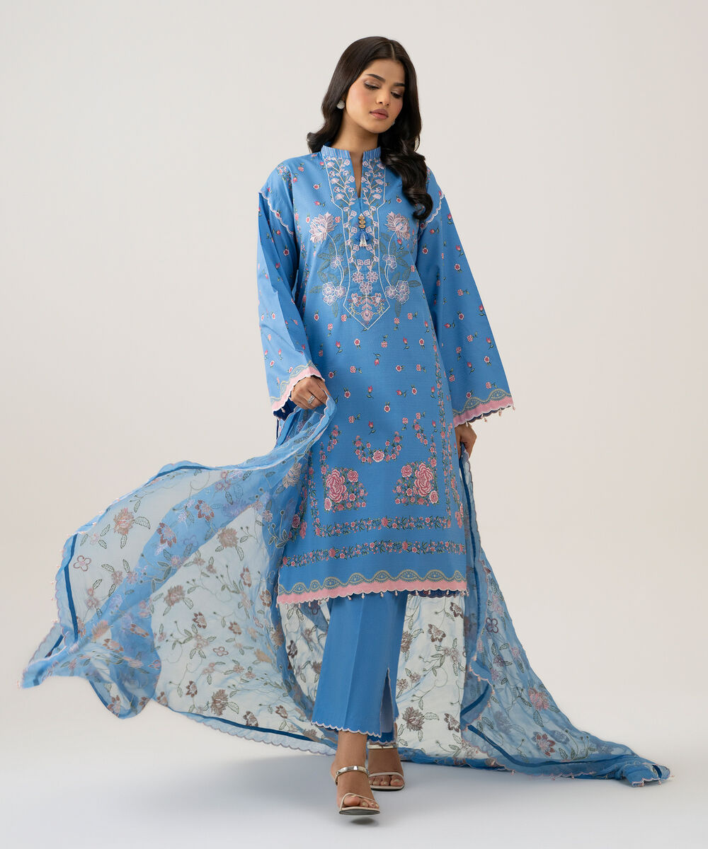 Women's Unstitched Blended Chiffon Printed Blue 3 Piece Suit