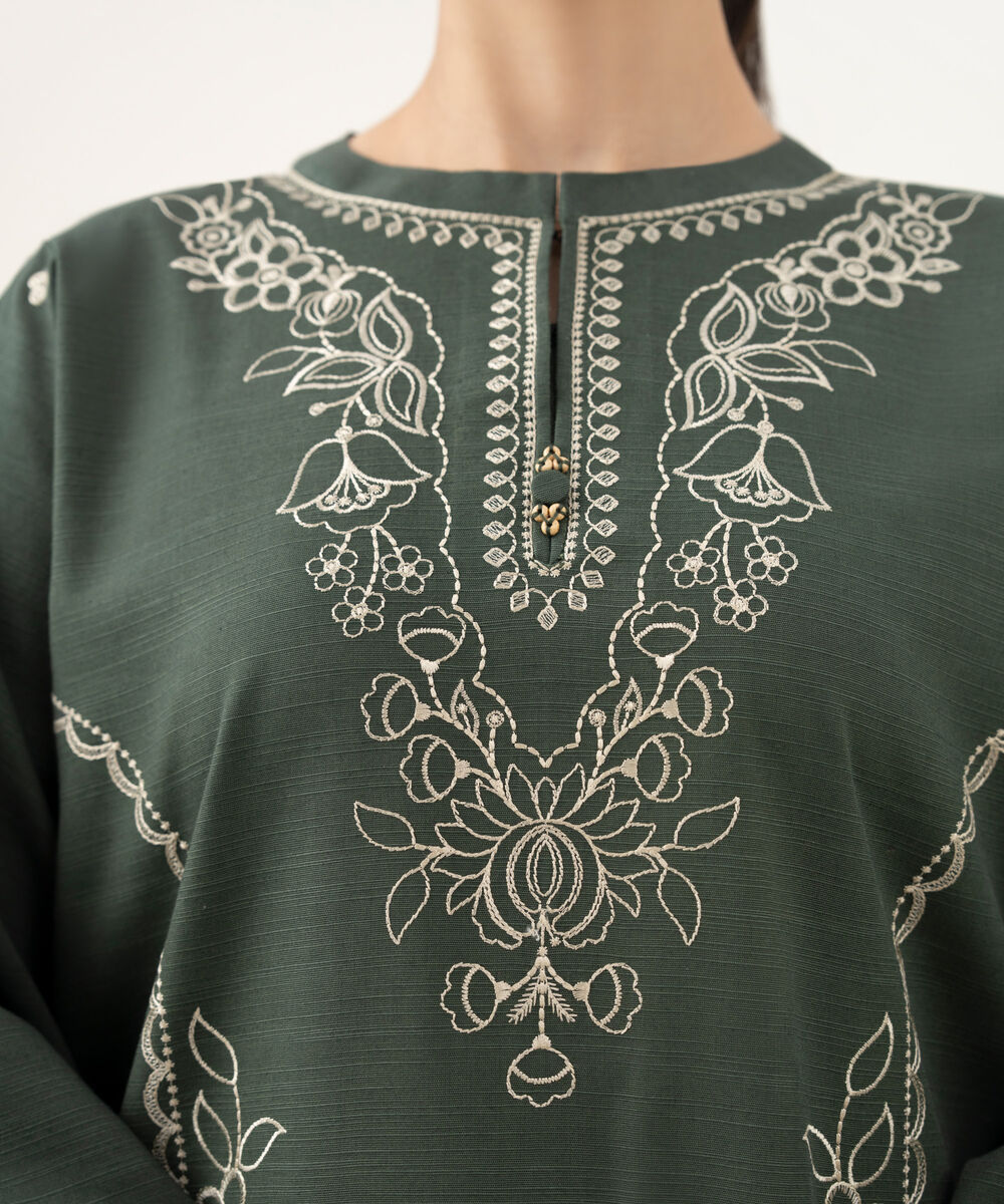 Women's Unstitched Embroidered Cotton Green 3 Piece Suit