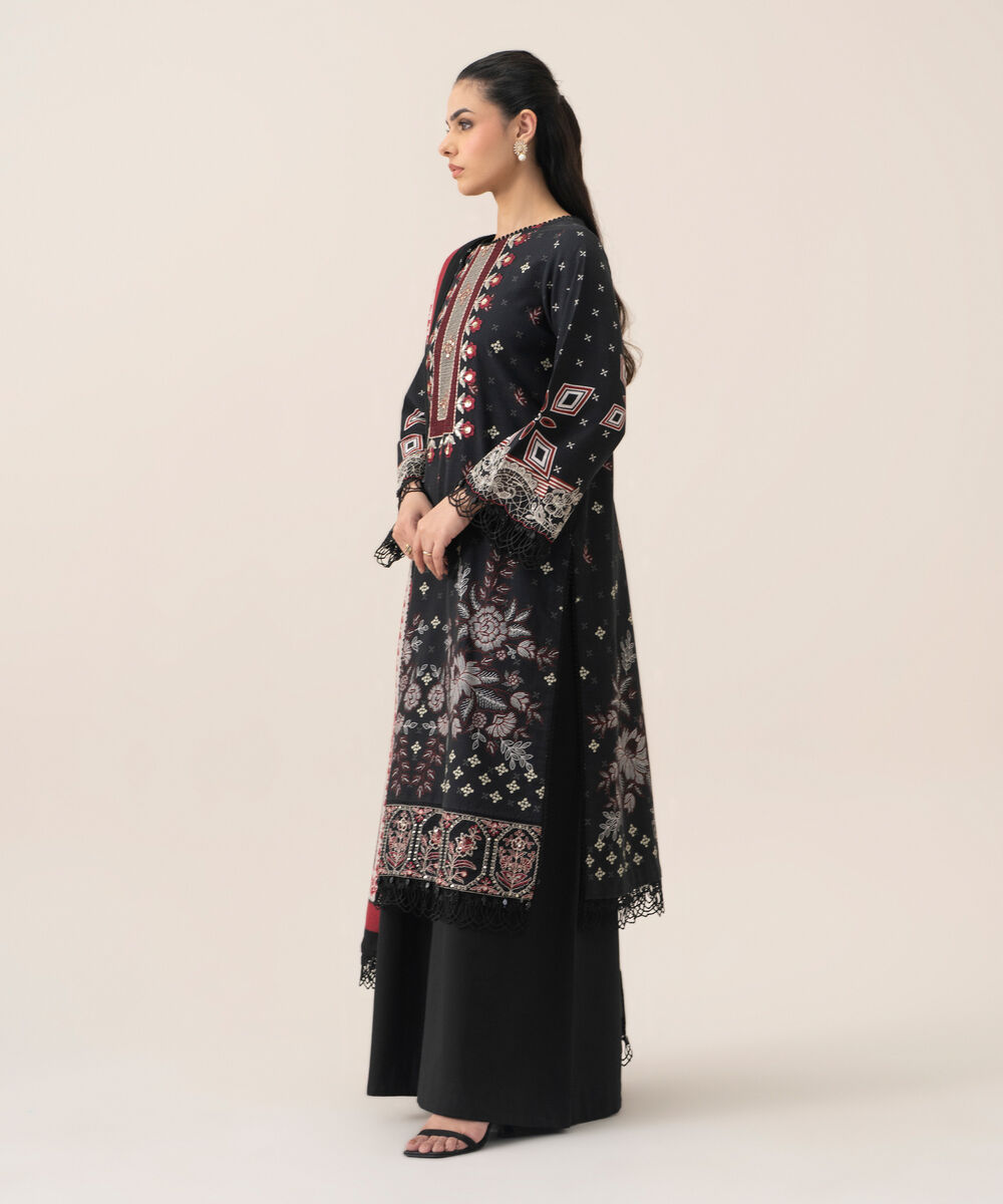Women's Unstitched Premium Khaddar Printed Black 3 Piece Suit