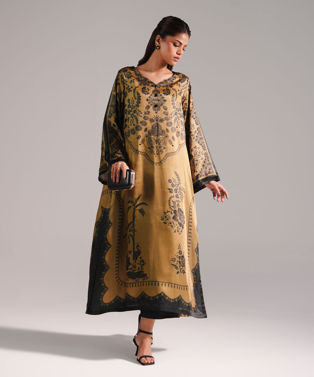 Women's RTW Blended Satin Printed Olive Green 2 Piece Suit