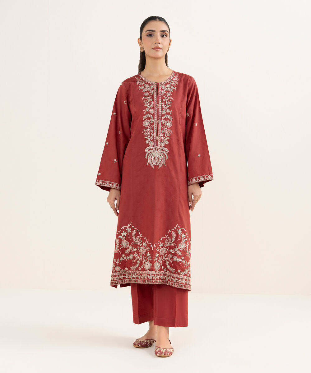 Women's RTW Self Jacquard Leno Embroidered Rust A-Line Shirt