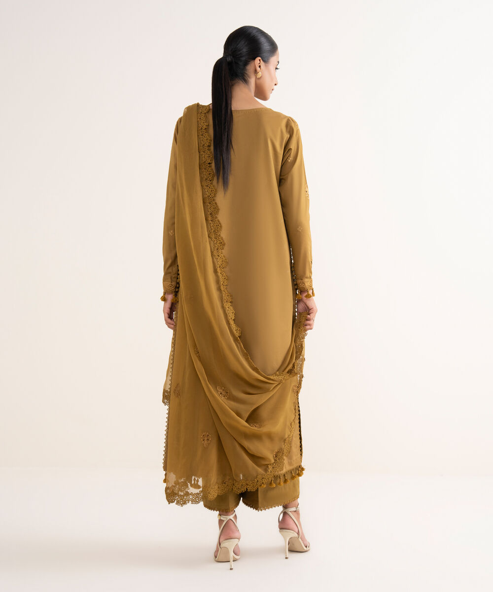 Women's Unstitched Lawn Embroidered Brown 3 Piece Suit