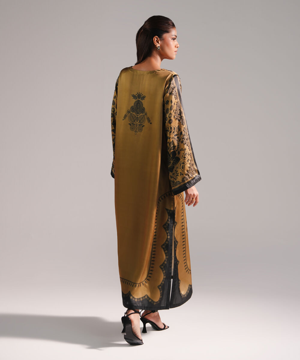 Women's RTW Blended Satin Printed Olive Green 2 Piece Suit