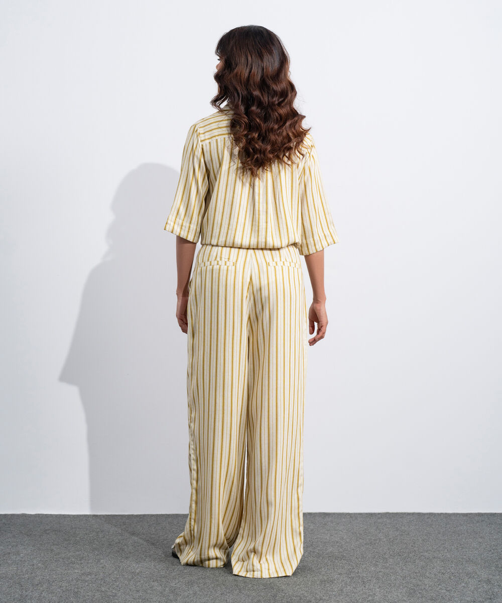 Women's Western Off White Linen Blend Printed Stright-Fit Trousers