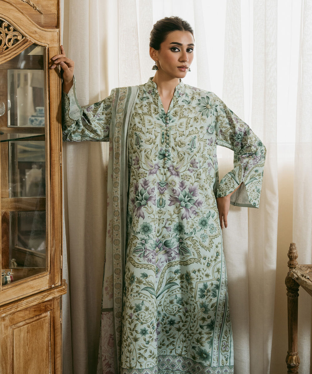 Women's Unstitched Lawn Printed Green 3 Piece Suit