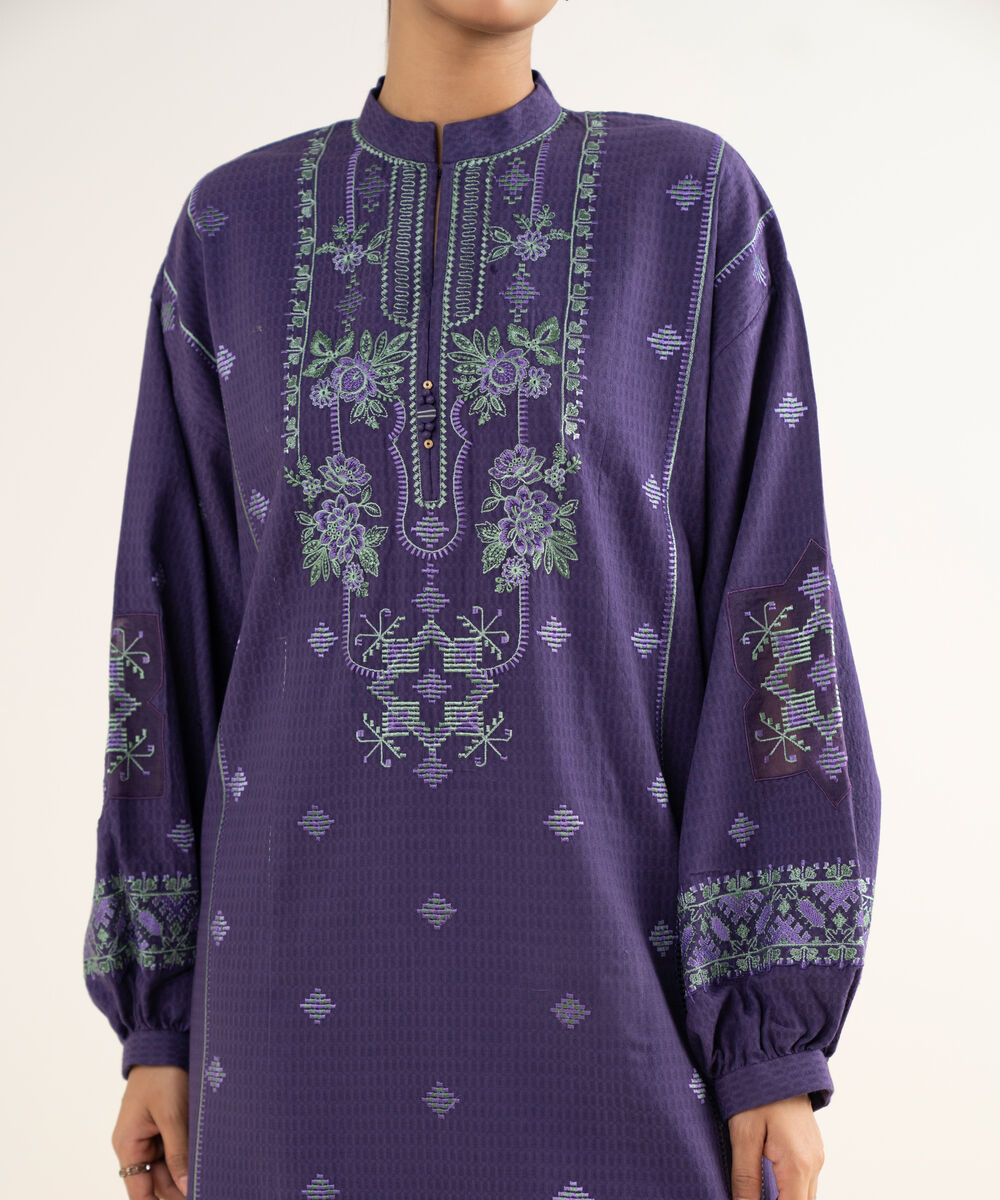 Women's Unstitched Dobby Embroidered Purple 3 Piece Suit