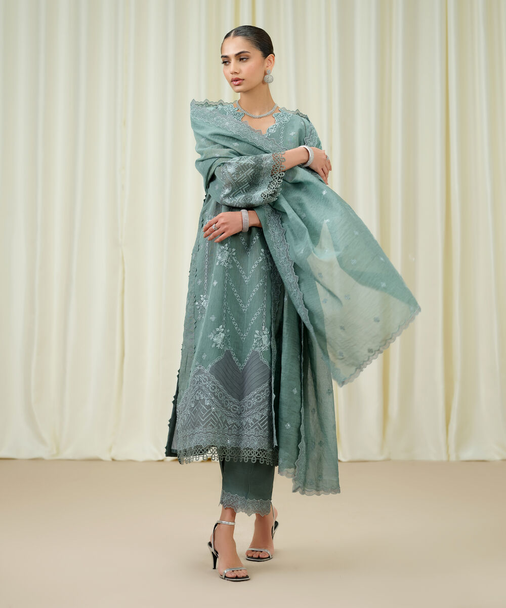 Women's Unstitched Muslin Embroidered Green 3 Piece Suit