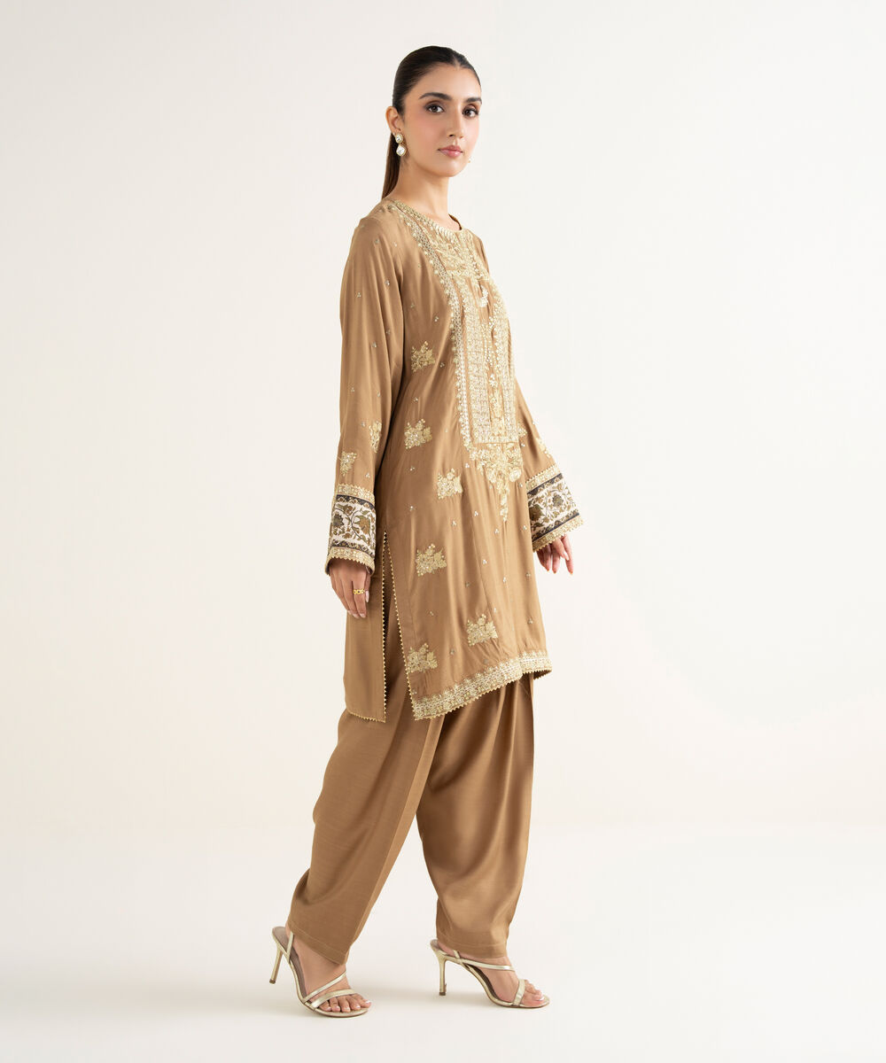 Women's RTW Viscose Raw Silk Embroidered Beige 2 Piece Suit