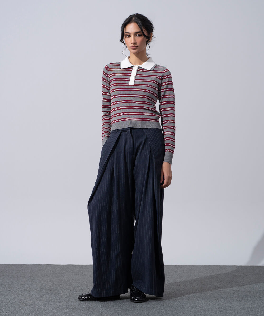 Women's Western Wear Grey And Merlot Polyester Striped Contrast Knit Polo Sweater