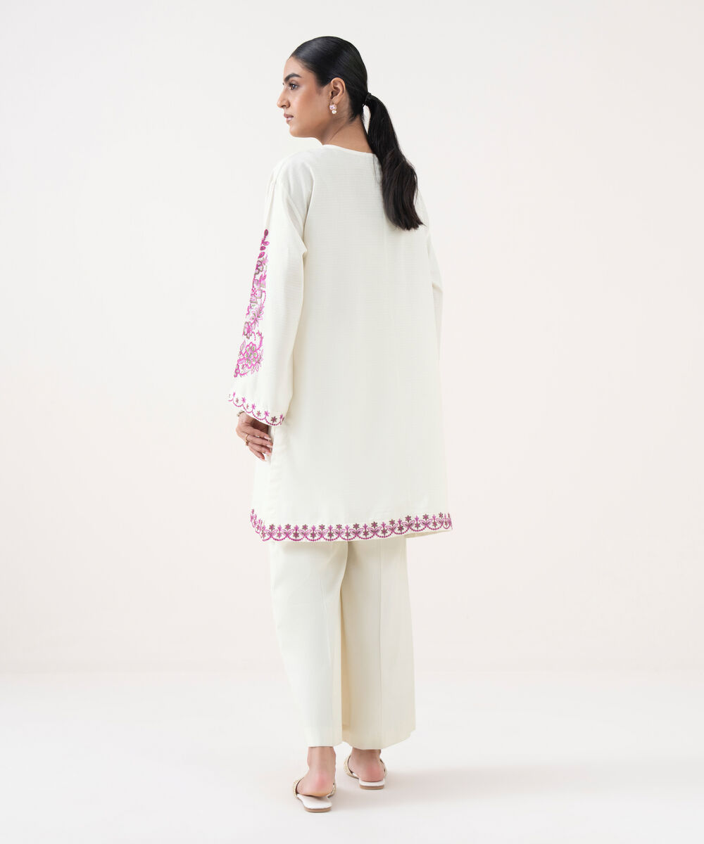 Women's RTW Textured Lawn Off White Embroidered Drop Shoulder Shirt
