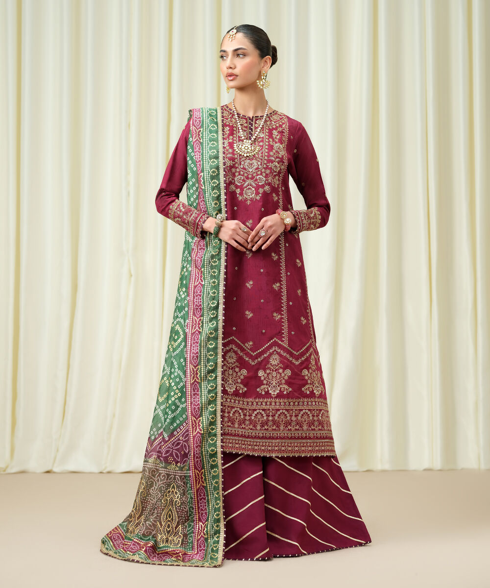 Women's Unstitched Embroidered Viscose Jacquard Plum 3 Piece Suit