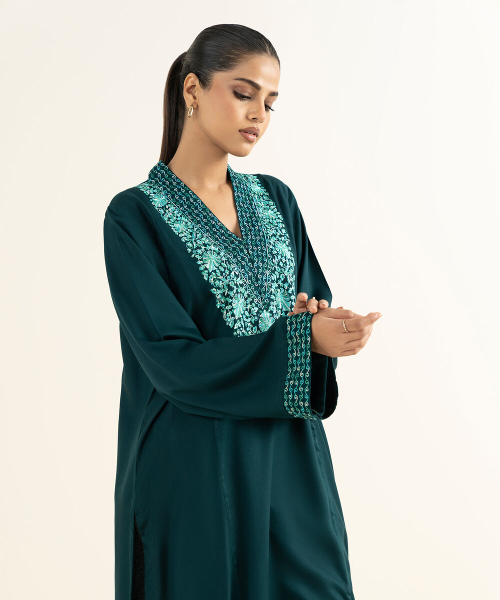 Women's RTW Linen Viscose Embroidered Teal A-Line Shirt