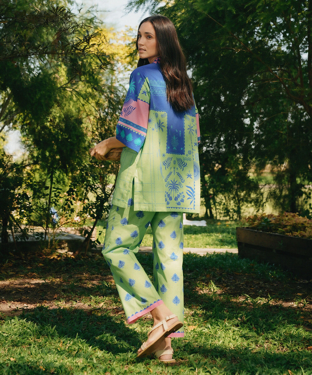 Women's RTW Cotton Viscose Printed Green Straight Shirt