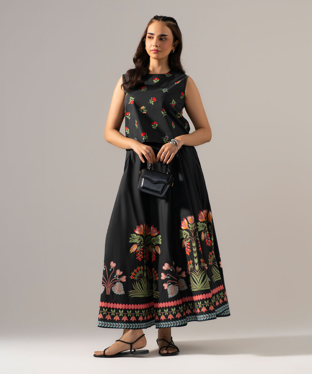 Women's RTW Poplin Printed Black Top