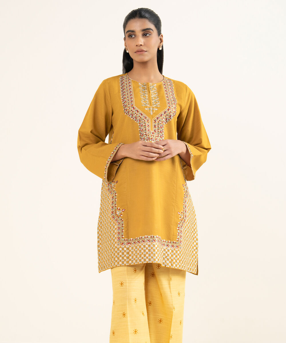 Women's RTW Fancy Textured Slub Embroidered Mustard Straight Shirt
