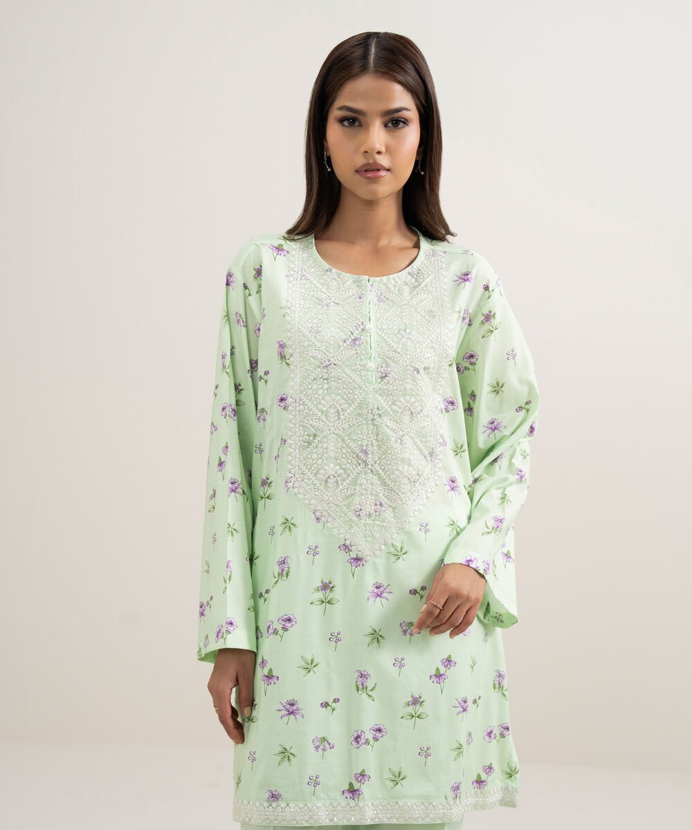 Women's RTW Cotton Viscose Embroidered Green Straight Shirt