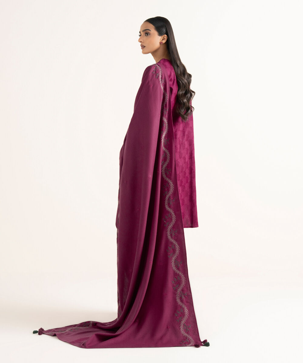 Women's Unstitched Cotton Jacquard Embroidered Fuchsia 3 Piece Suit