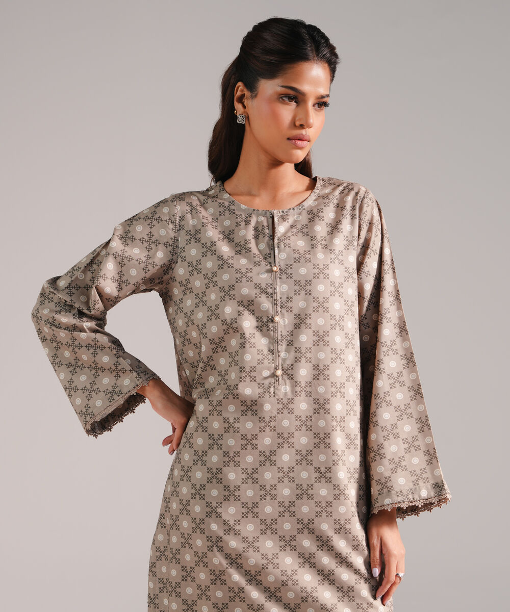 Women's RTW Cotton Viscose Printed Dark Beige 2 Piece Suit