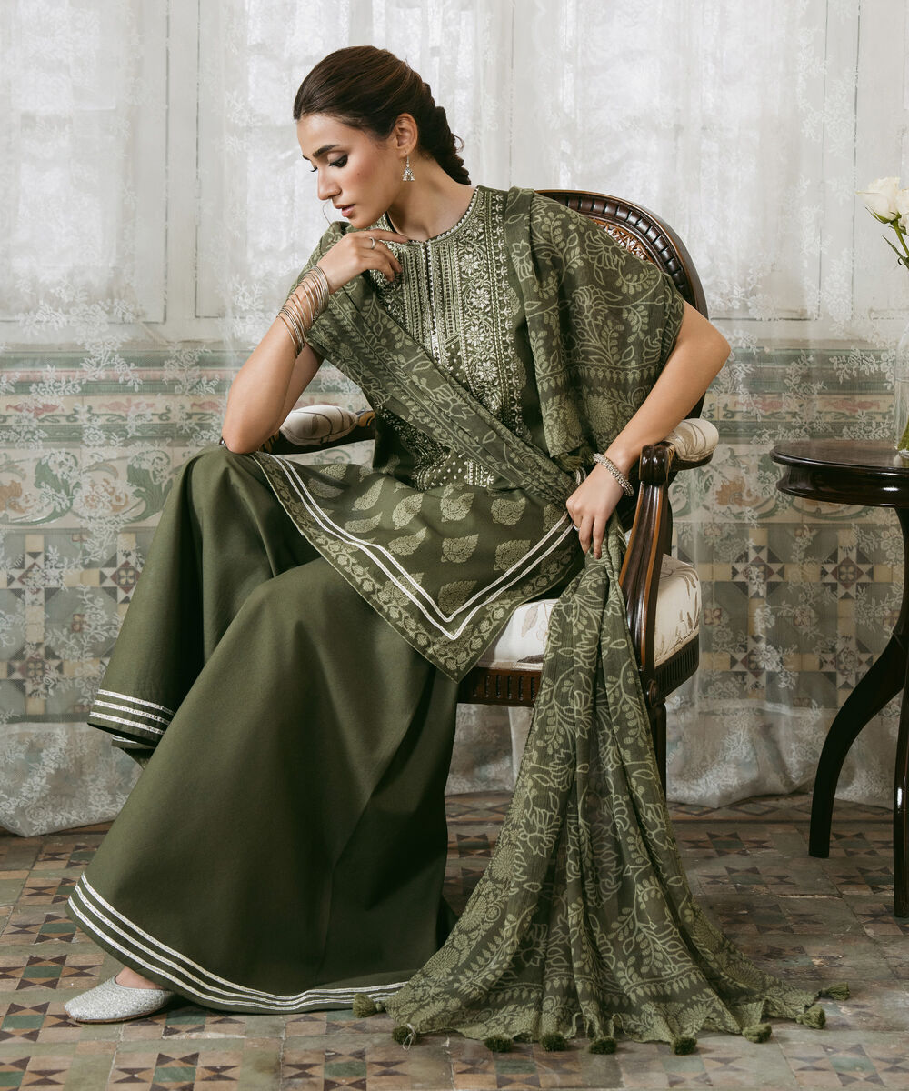 Women's Unstitched Cotton Embroidered Green