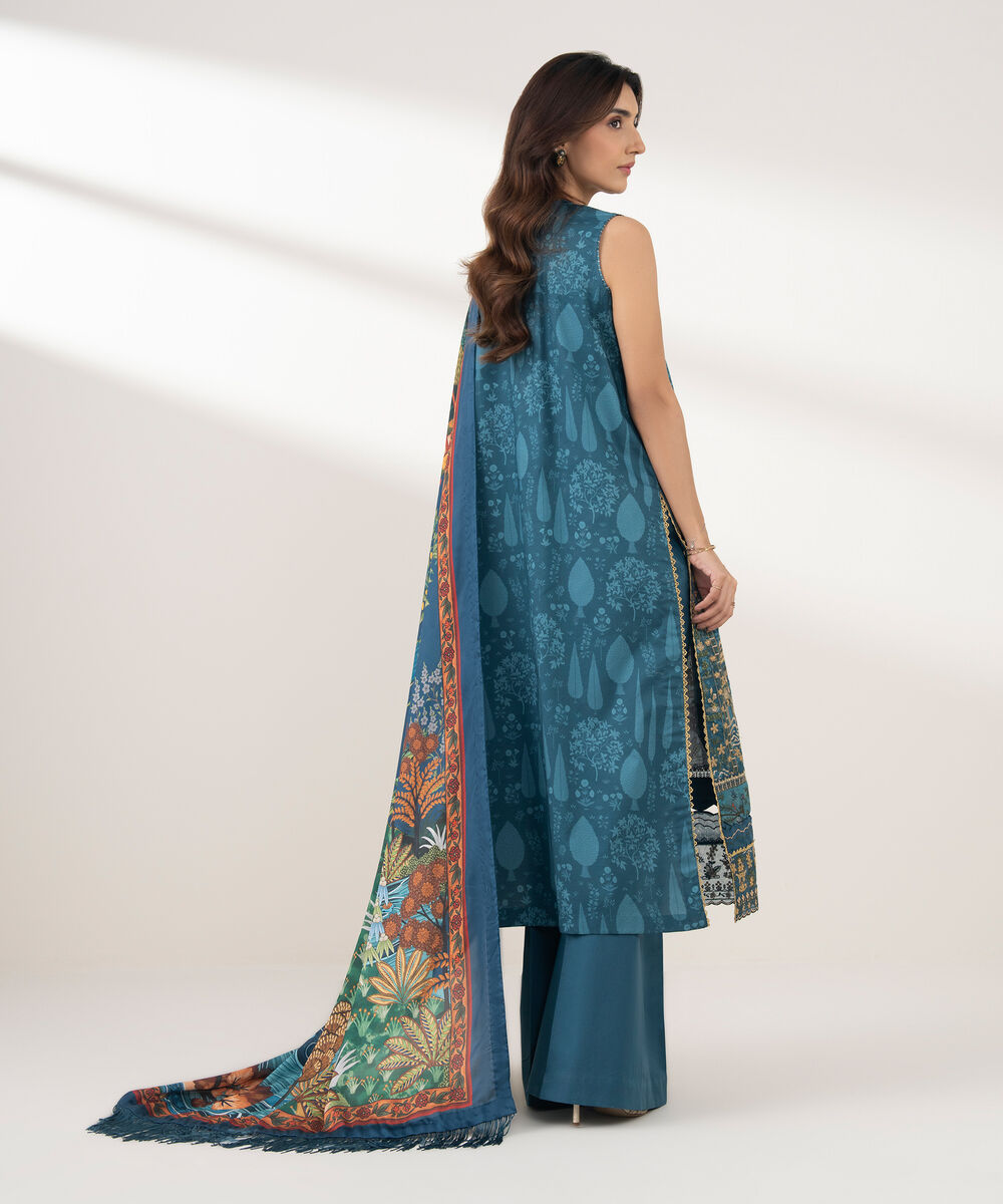 Women's Unstitched Cotton Embroidered Blue 3 Piece Suit