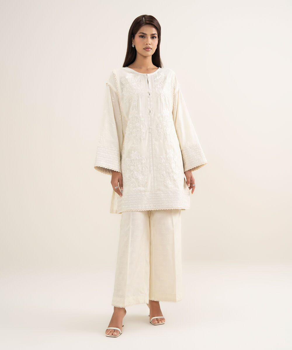 Women's RTW Self Jacquard Embroidered Off White Drop Shoulder Shirt