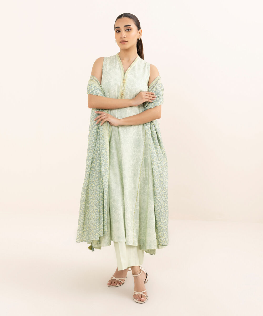 Women's Unstitched Lawn Printed Green Three Piece Suit