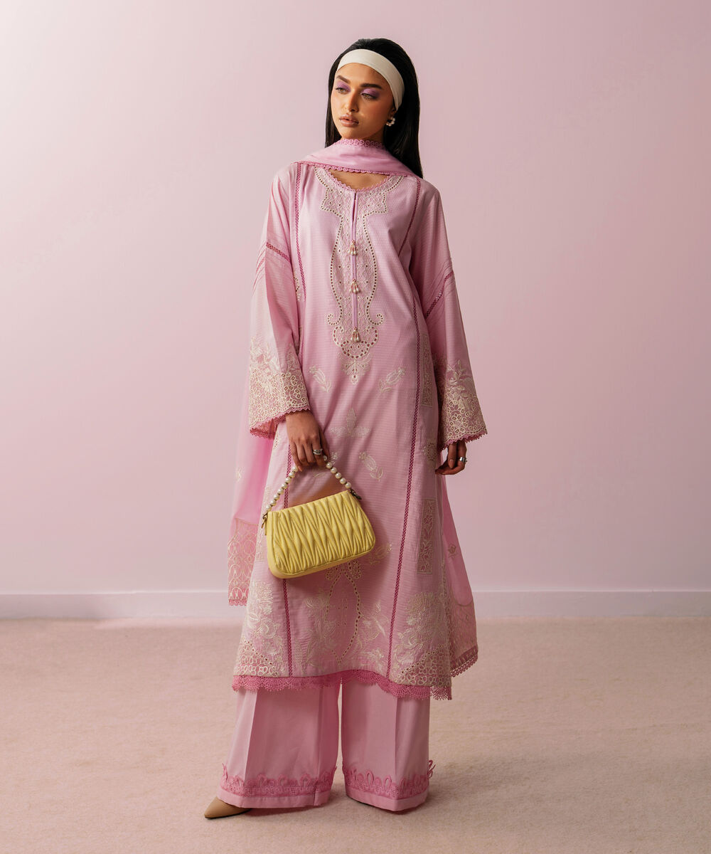 Women's RTW Dobby Embroidered Pink 3 Piece Suit