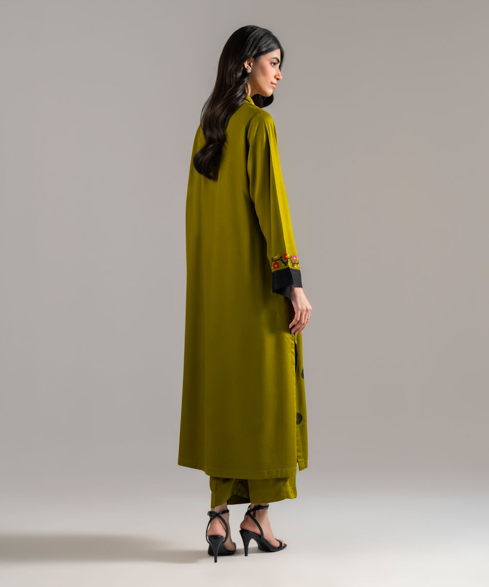 Women's RTW Bedford Solid Embroidered Green A-Line Shirt