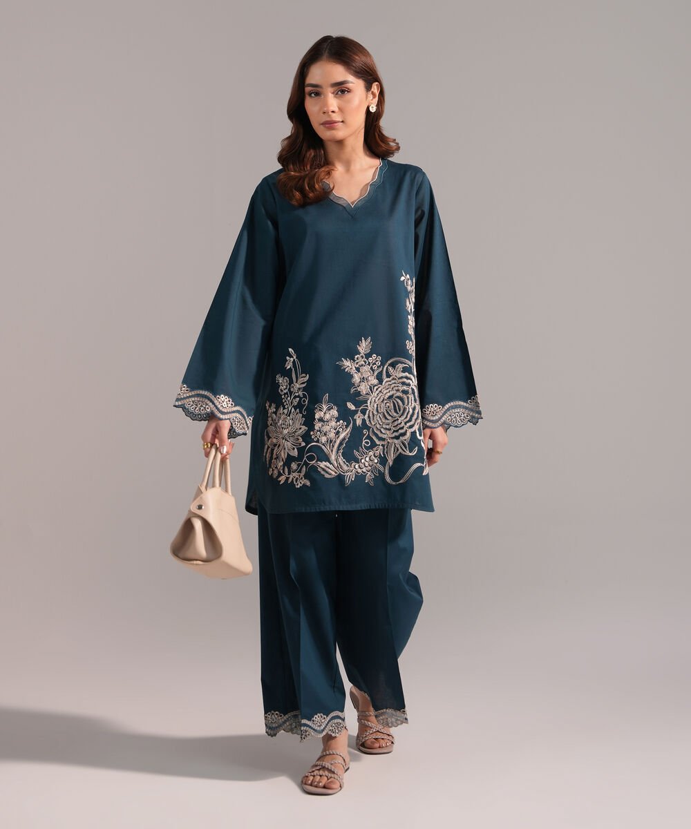 Women's RTW Crosshatch Embroidered Teal Straight Shirt