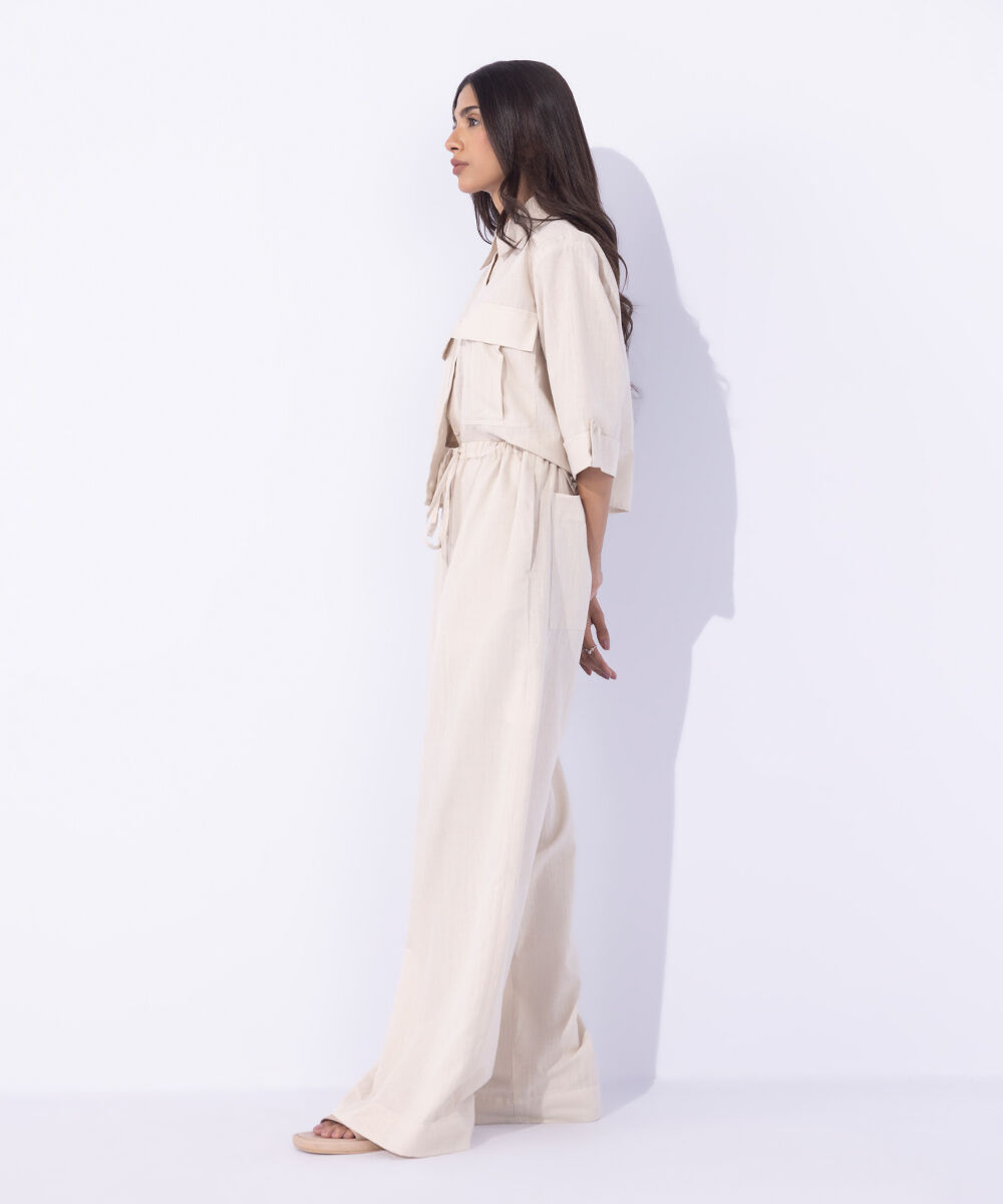 Women's Western Wear Beige Linen Blend Pull On Trousers