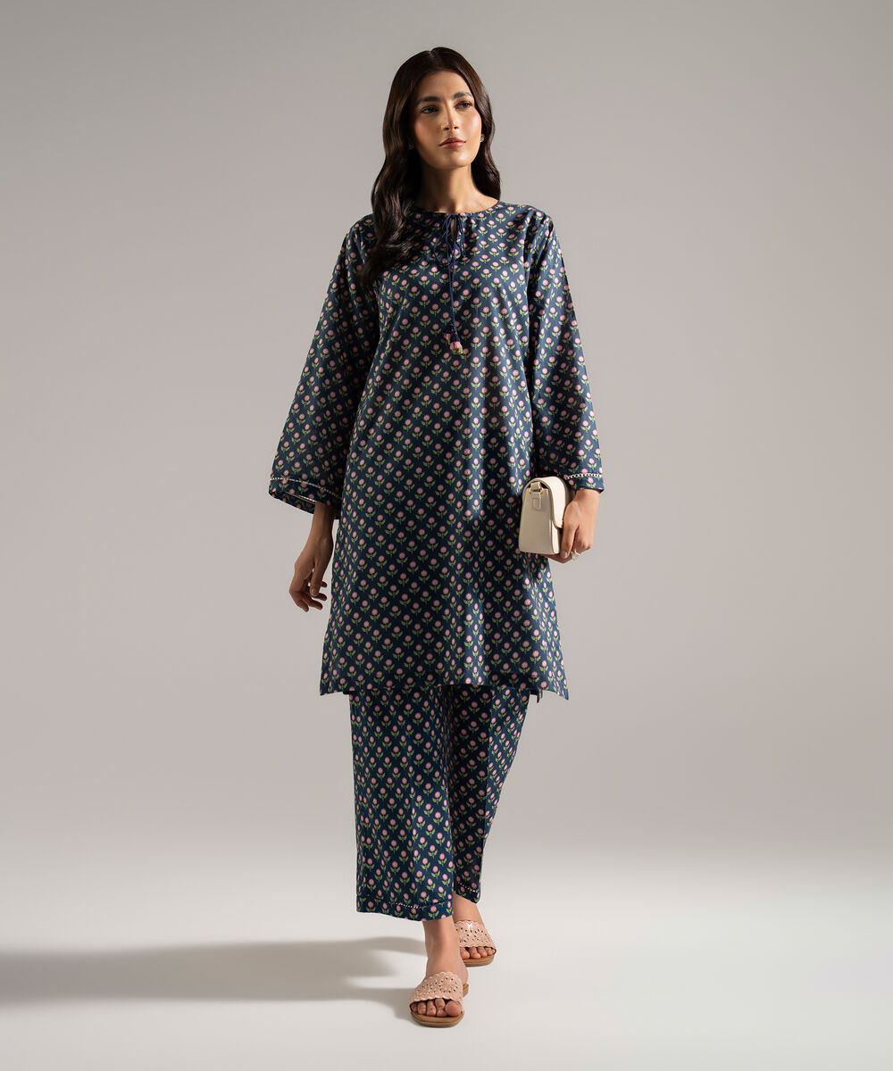 Women's RTW Lawn Printed Blue Straight Shirt