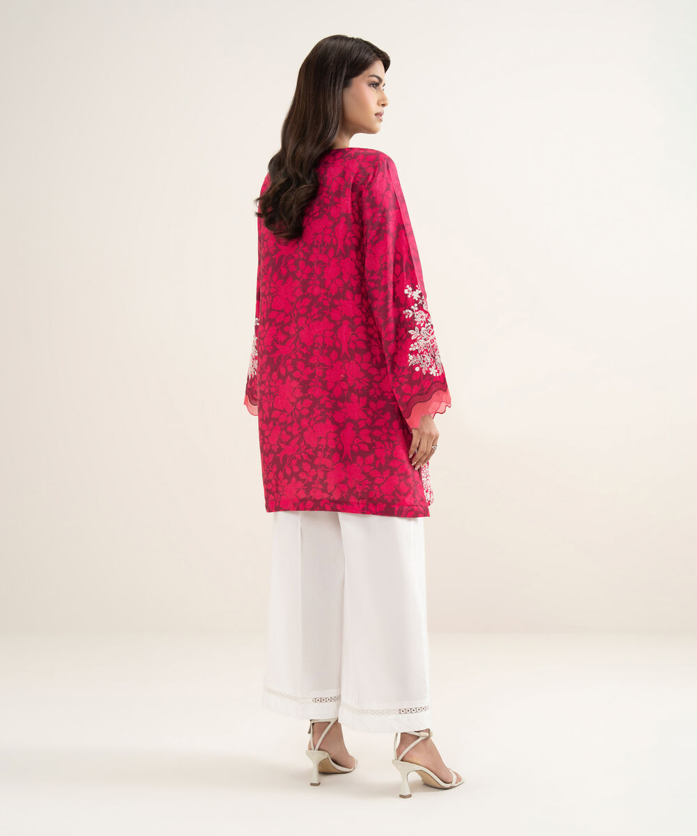 Women's RTW Viscose Raw Silk Embroidered Pink Straight Shirt