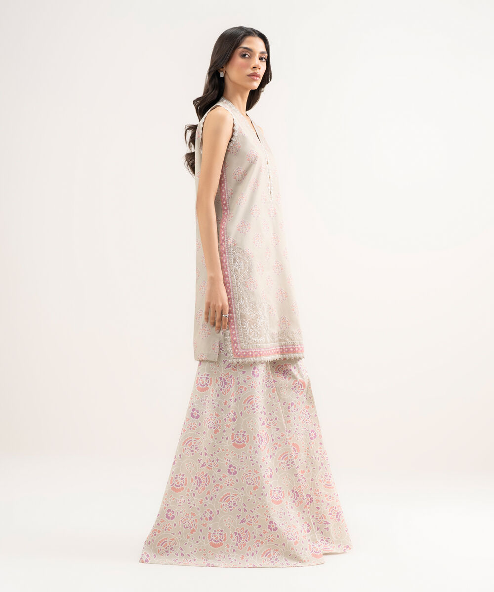 Women's Unstitched Lawn Embroidered Beige 2 Piece Suit