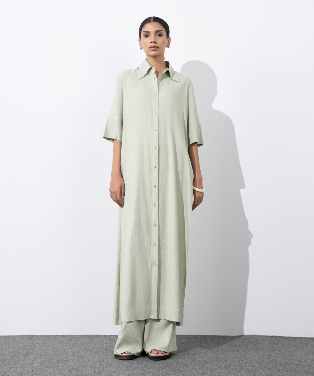 Women's Western Wear Green Seersucker Button Through Dress