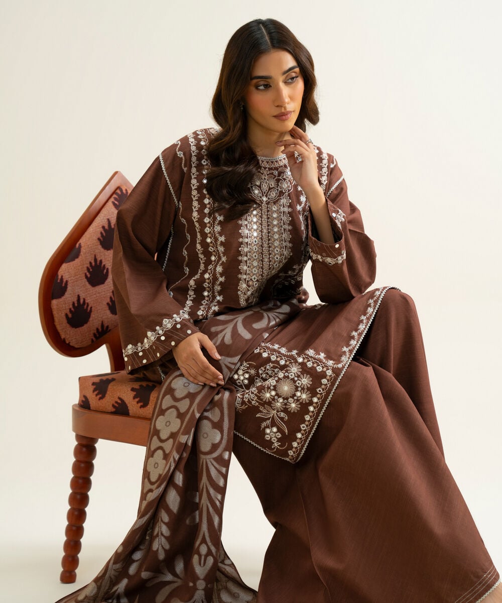 Women's Unstitched Light Khaddar Embroidered Brown & Off White 3 Piece Suit
