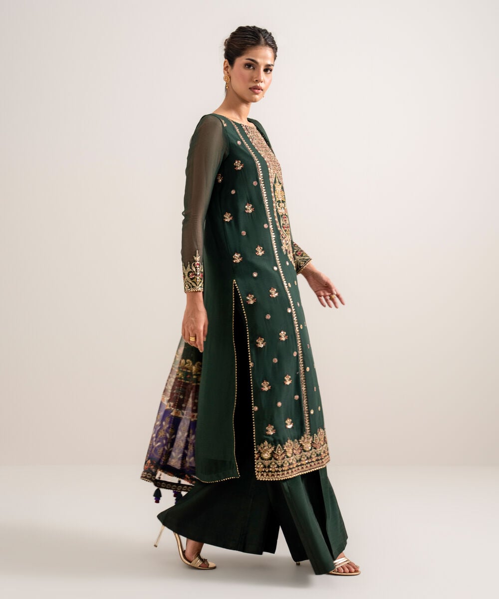 Women's Unstitched Embroidered Blended Chiffon Green 3 Piece Suit