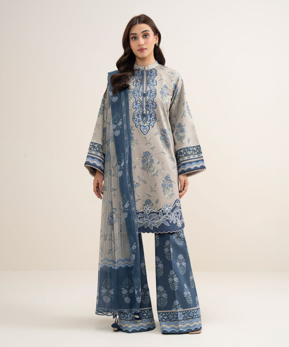 Women's Unstitched Lawn Embroidered Beige 3 Piece Suit