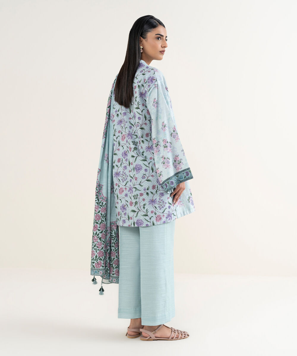 Women's Unstitched Printed Cotton Light Aqua 3 Piece Suit