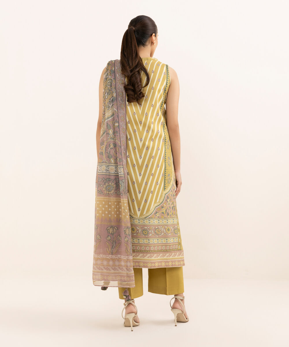Women's Unstitched Arabic Lawn Printed Yellow 3 Piece Suit